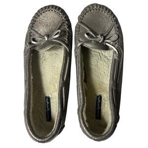 American Eagle Outfitters Metallic Taupe Moccasin Slippers Fur Lined Size 9